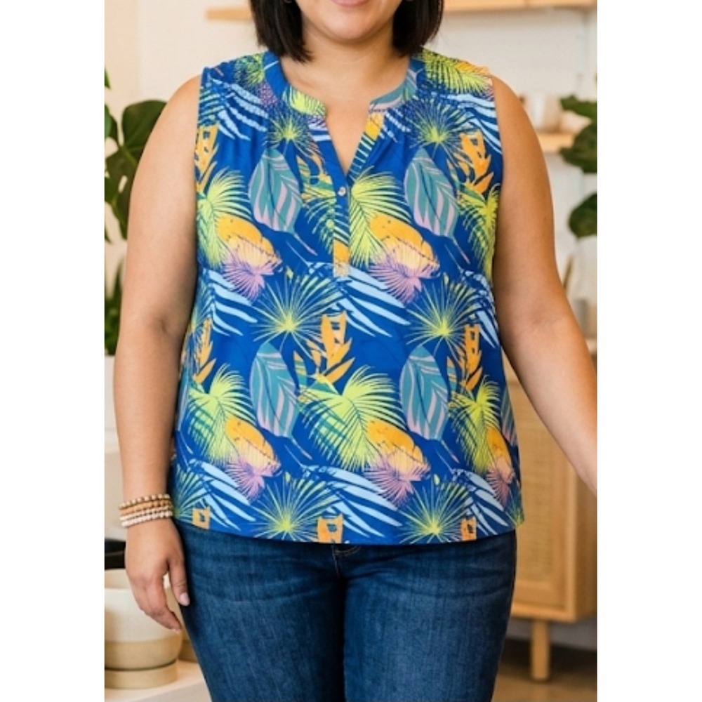 Stella Parker Collection Tank Top Womens 3X Blue Floral Henley Sleeveless Ruffle